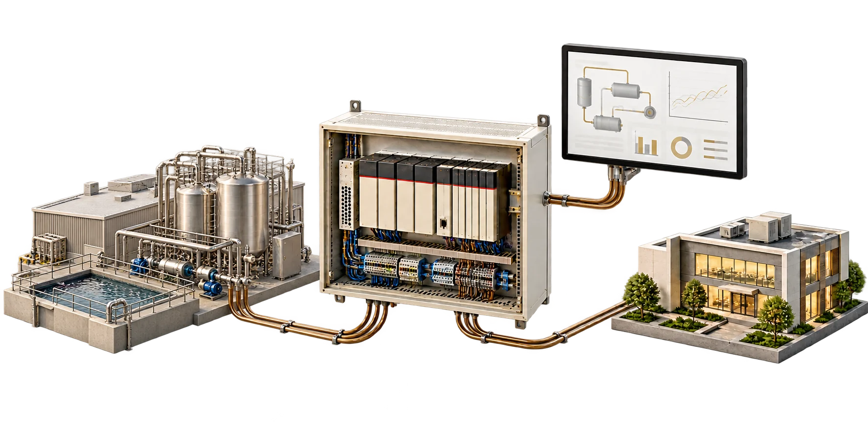 Render conceptual de una planta de procesos del sur, PLC modular inspirado en Honeywell ControlEdge, HMI de supervisión y edificio inteligente conectados
