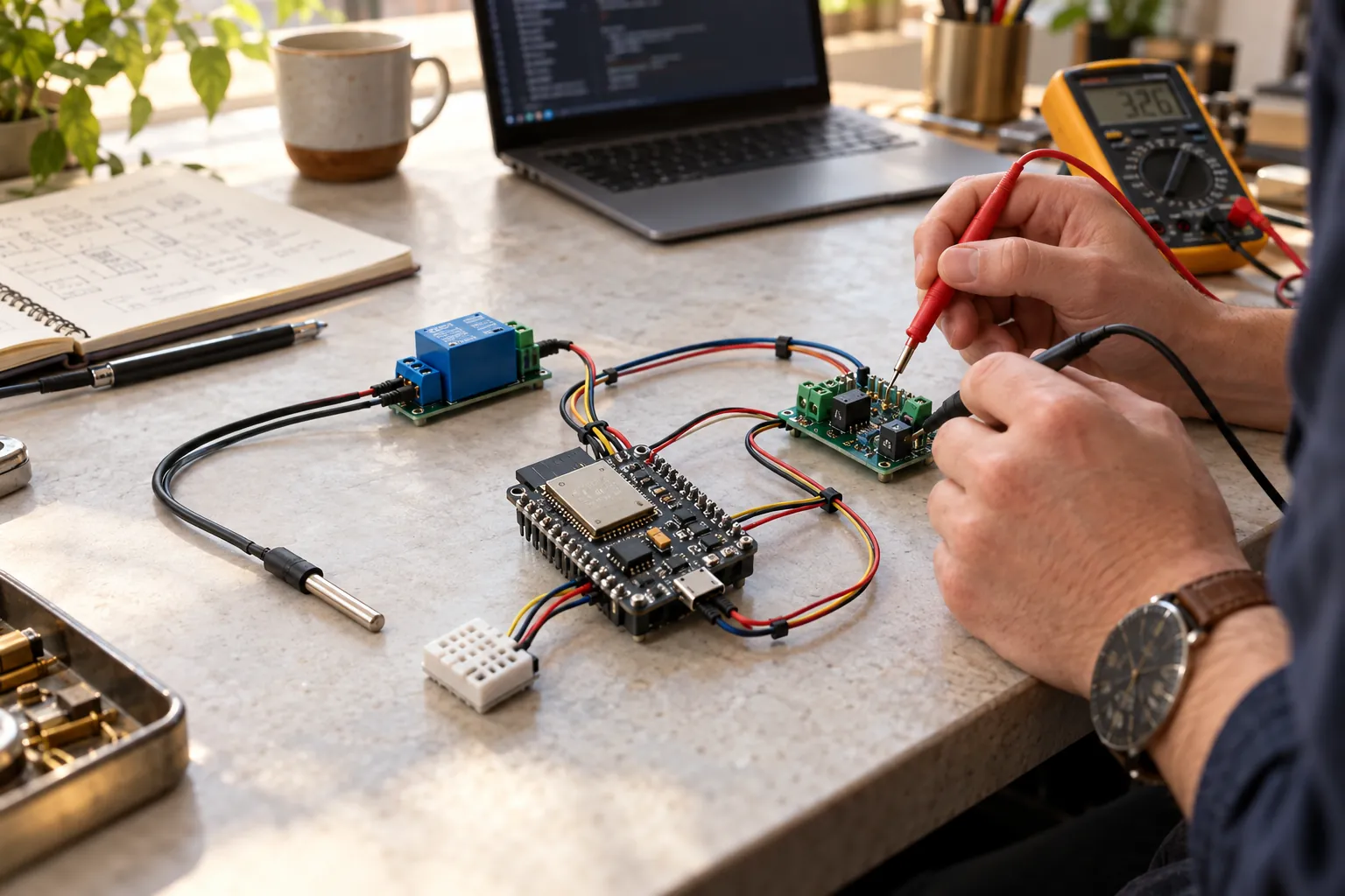 Imagen ilustrativa de un prototipo ESP32 conectado a sensores, módulo de relé y electrónica de interfaz durante una prueba de banco